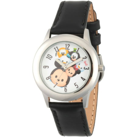Disney Tsum Tsum Mickey Mouse, Minnie Mouse, Daisy Duck, Goofy, Pluto and Donald Duck Boys' Stainless Steel Time Teacher Watch, Black Leather Strap