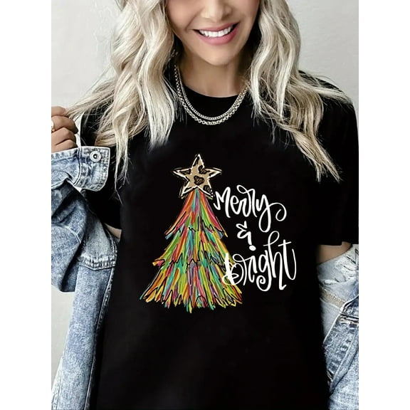 Merry Christmas T-Shirt Christmas Tree Graphic Casual Short Sleeve Shirt for Women