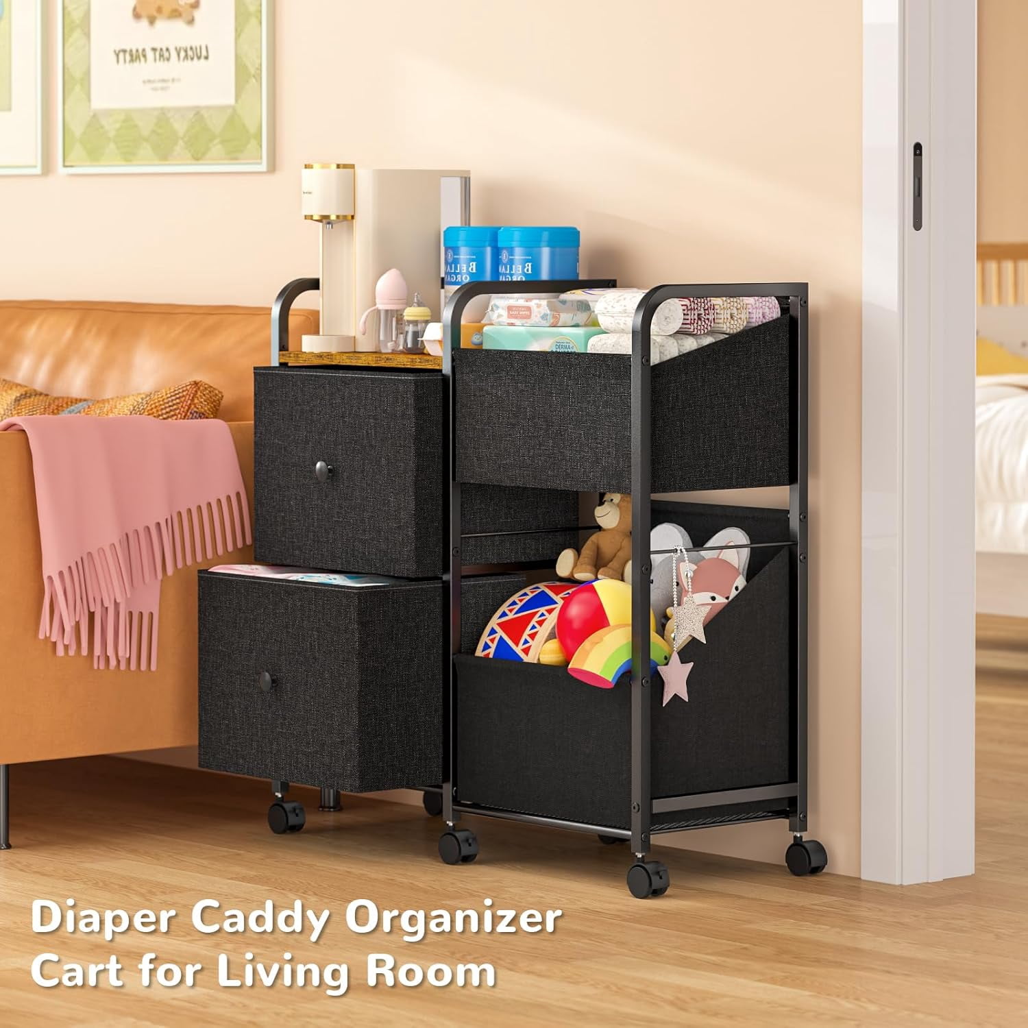 Diaper Caddy Organizer Cart with Drawers and Wheels, 5-Tier Bedside Utility Storage Shelf for Nursery