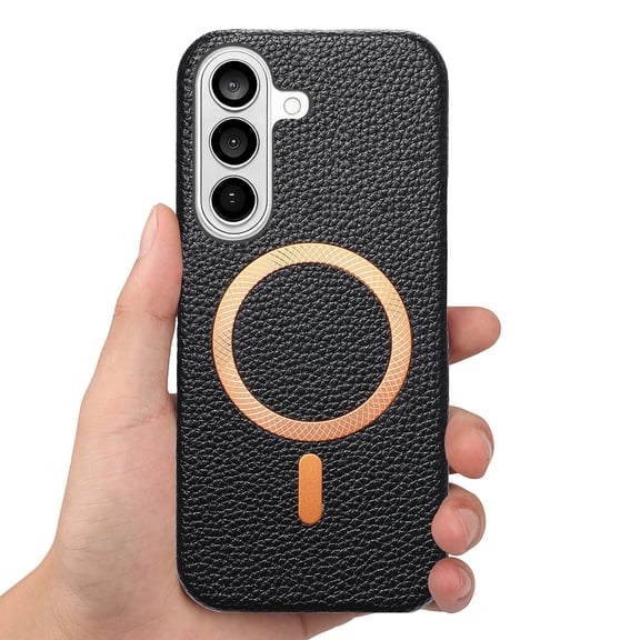 For Samsung Galaxy S26 Magnetic Phone Case,Compatible With Wireless Charging,Lychee Pattern PU Leather Back,Ultra Slim Rugged Shockproof Anti-Scratch Anti-fall Non-slip Phone Case,Black