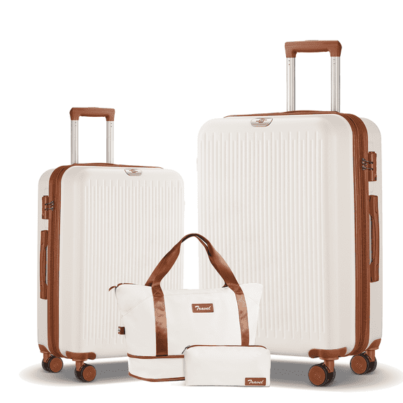 Expandable Luggage 4 Piece Sets, 20 28" Luggage Travel Suitcase with Duffle Bags，White&Brown