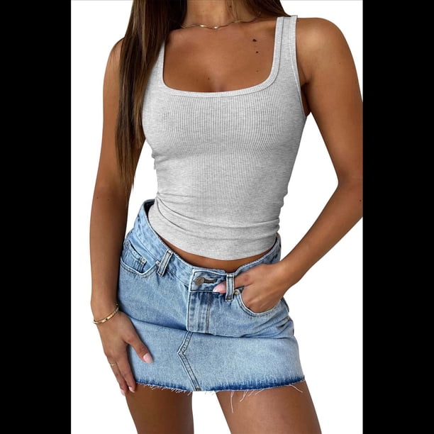 Tops de Verano para Mujer con Cuello Cuadrado para Salir, Tops Básicos Acanalados para Hacer Ejercicio Gris L