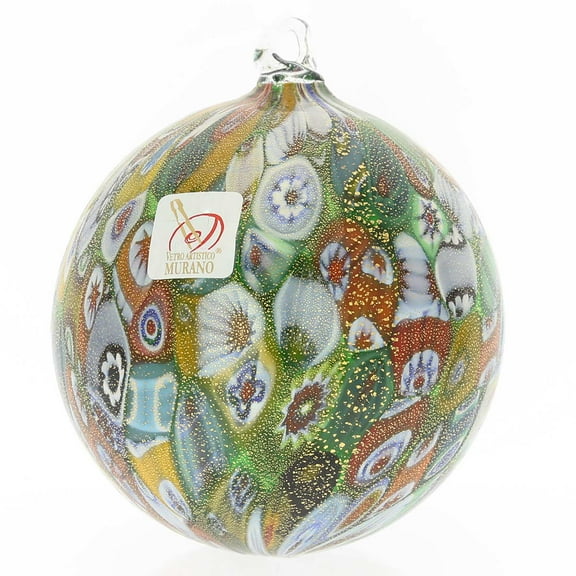 GlassOfVenice Murano Glass Christmas Ornament - Green and Gold Millefiori