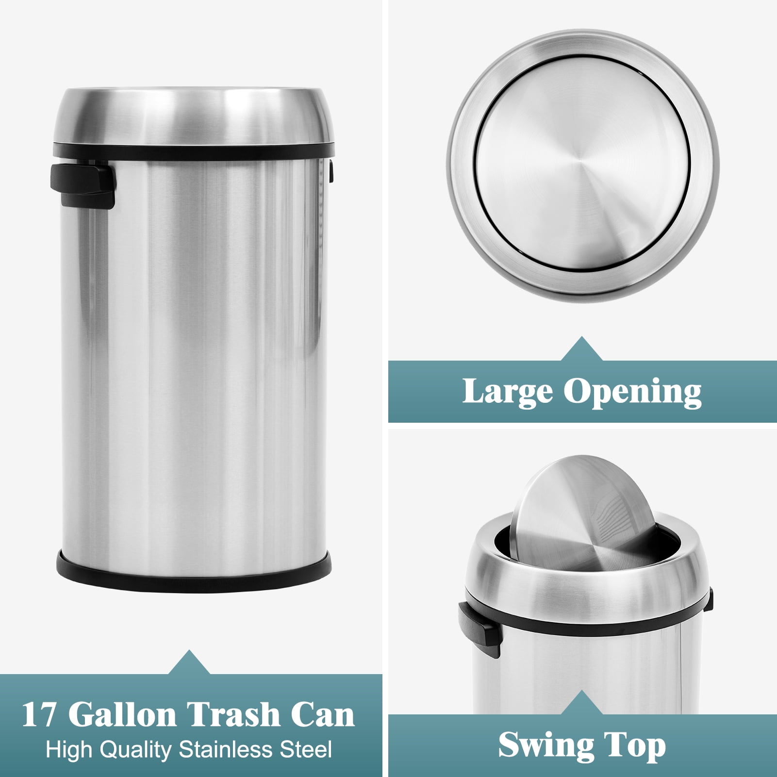 17 Gallon Large Capacity Kitchen Trash Can, Commercial Open Trash Can, Heavy Duty Brushed Stainless Steel Garbage Can, 65 Liter, Suitable for Kitchen Outdoor Office