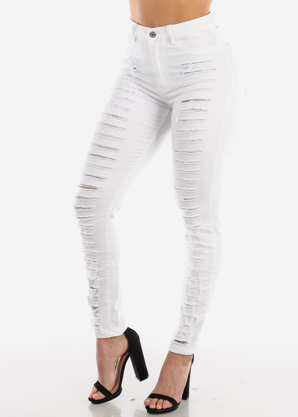 Moda Xpress - Womens Skinny Jeans High Waisted Distressed Torn White ...