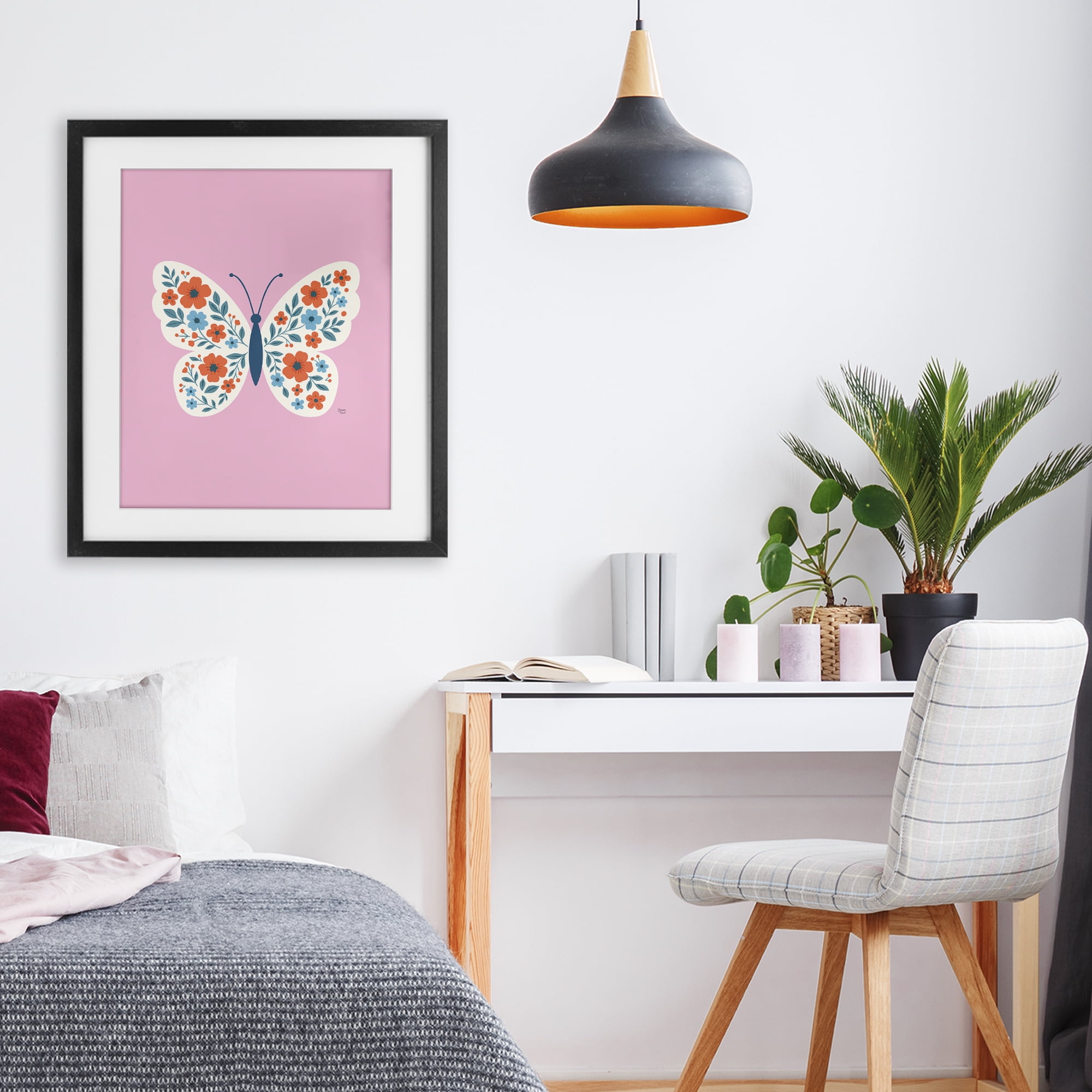 Boho Pink Floral Butterfly Black Framed Print Under Glass, design by Jessica Beck
