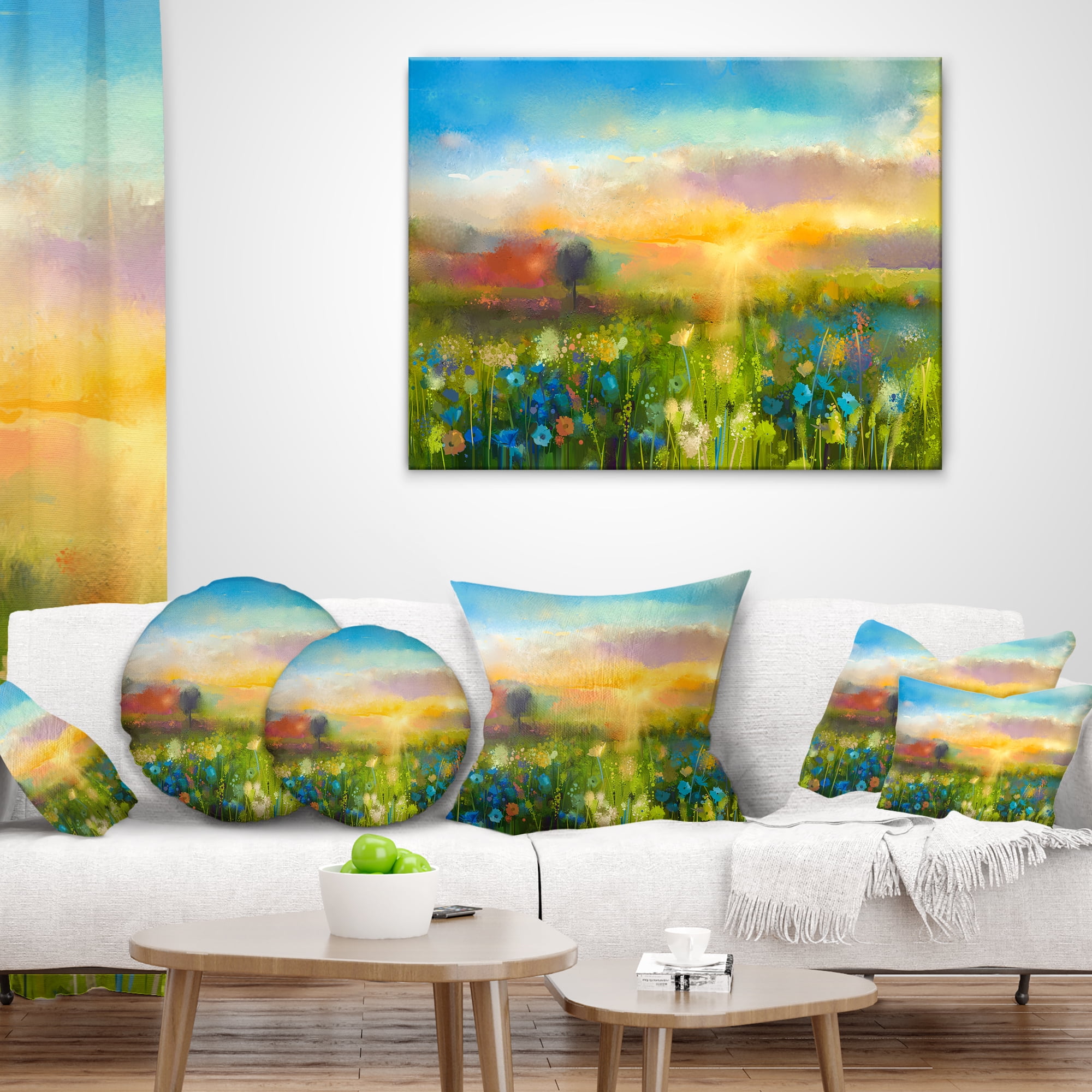 Designart Sunset Meadow Landscape - Contemporary Throw Pillow - 12x20