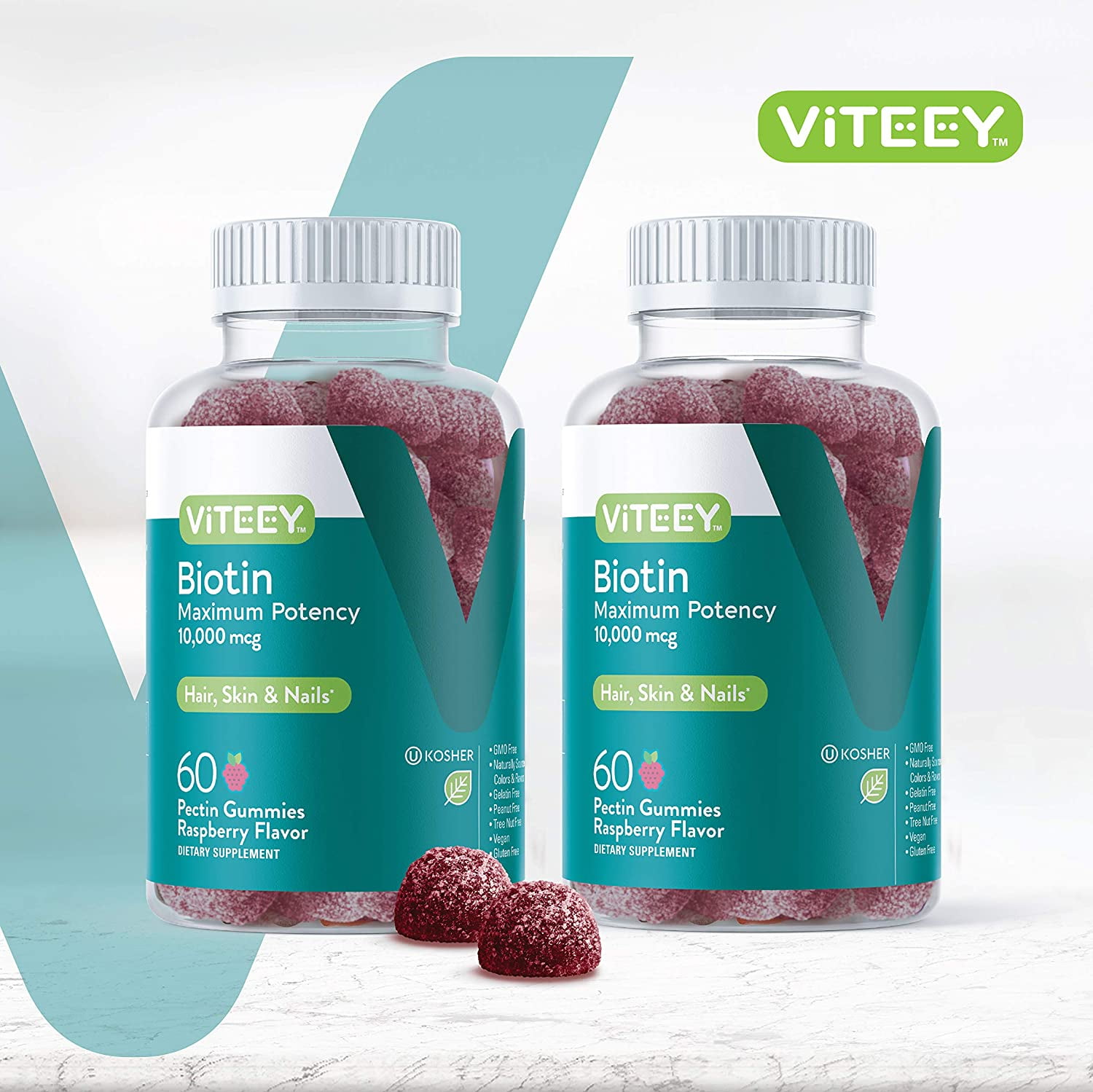 VITEEY Biotin Gummies 10,000 mcg, Hair Skin and Nails, Raspberry Flavor, 60 Count, 2 Pack