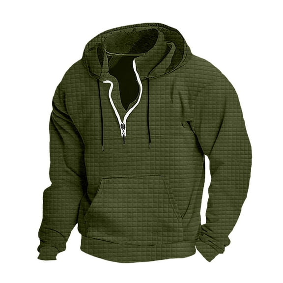 XIAONU Waffle-Knit Fleece Hoodies For Men Loose Half-Zip Pullover Top Retro Streetwear Sweatshirt With Pocket Army Green L