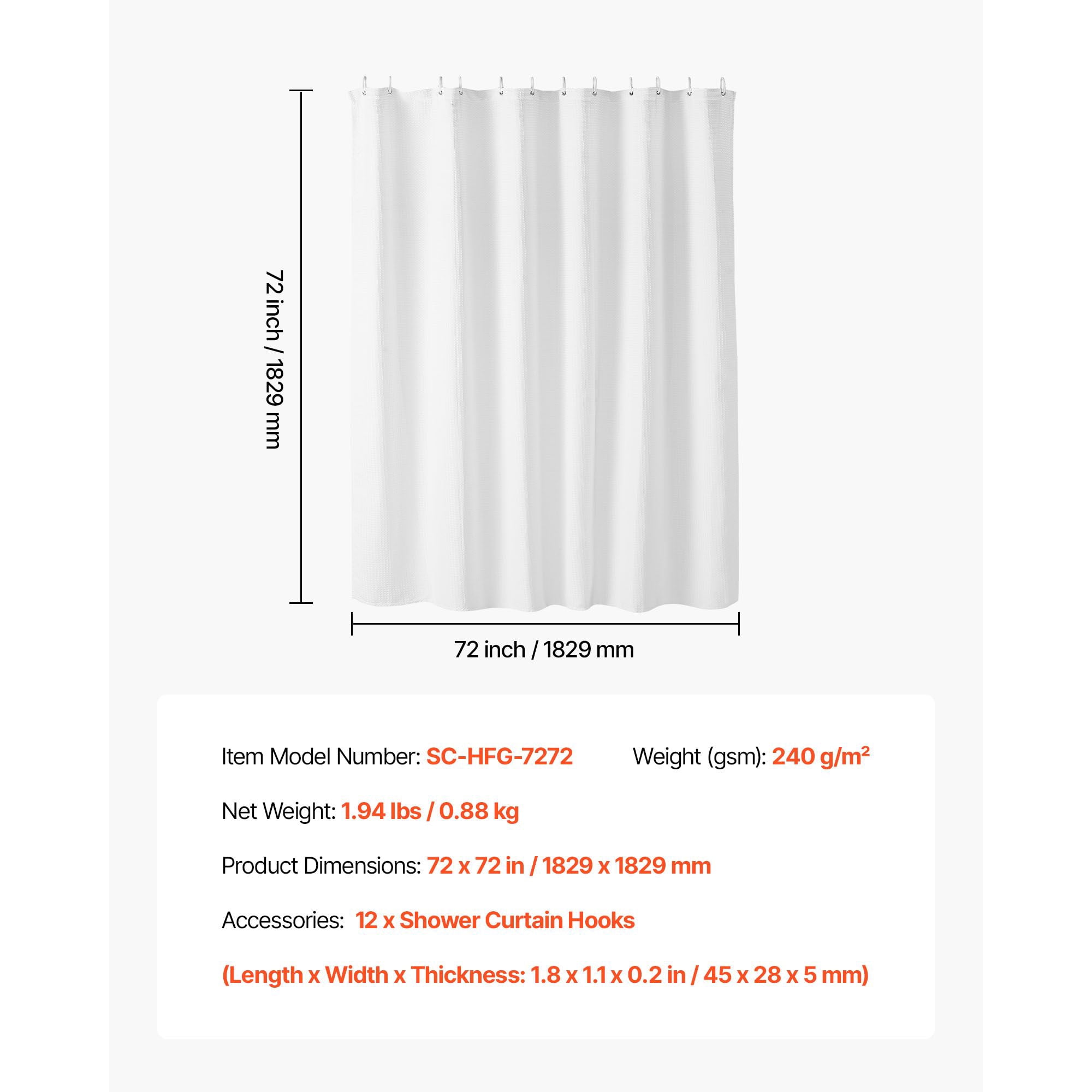 White Fabric Shower Curtain 240 GSM Thick, Water-Repellent Light Filtering Privacy, Heavy Duty Hotel Quality Bath Curtain for Bathroom Decor