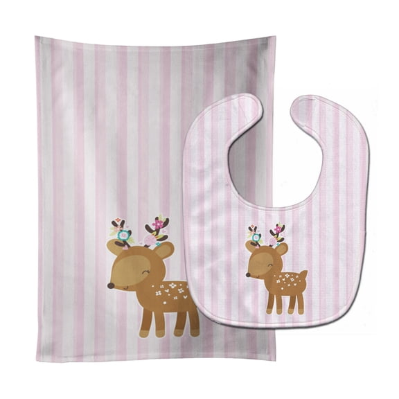 Deer in Pink Stripes Baby Bib and Burp Cloth