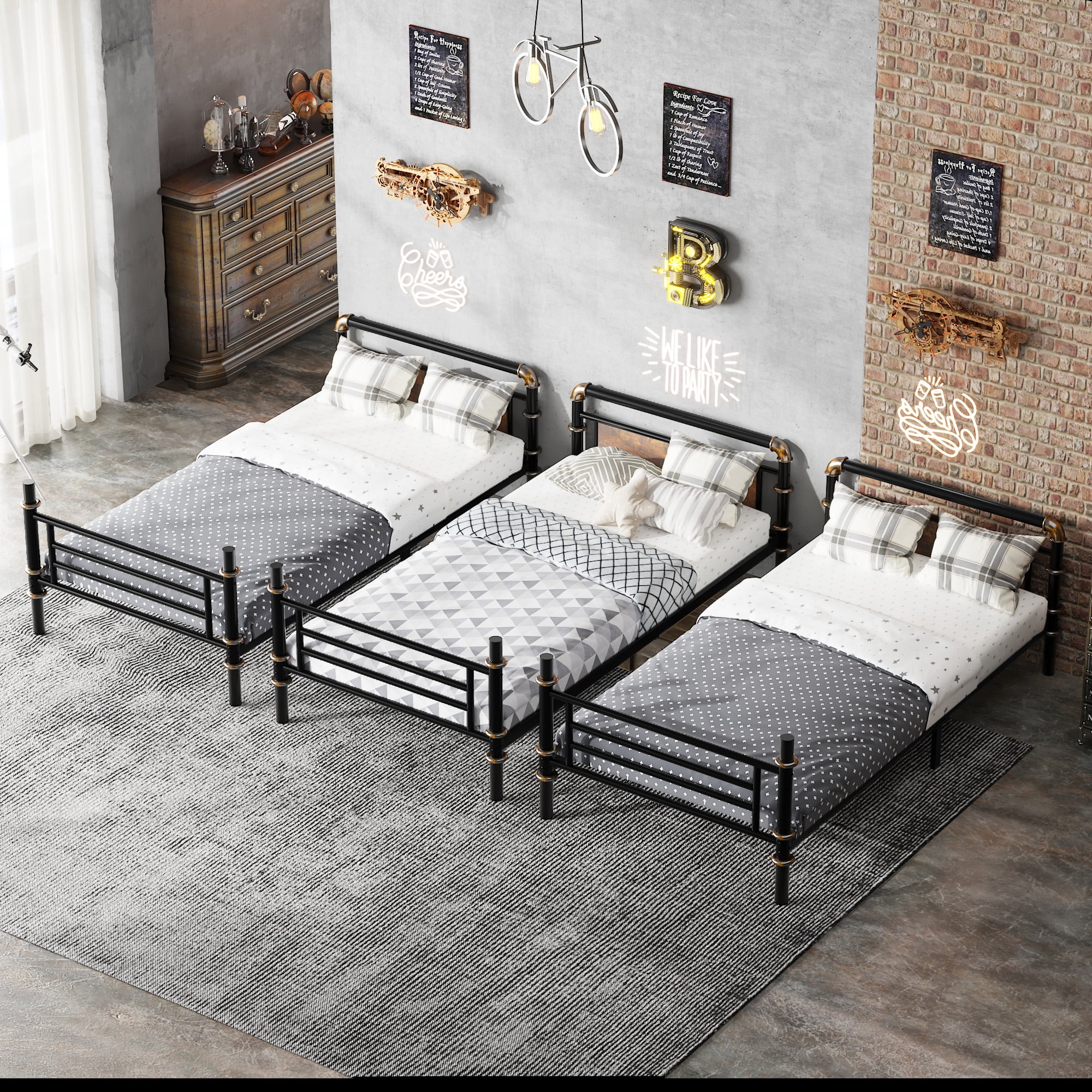 HOQBN Quad Bunk Bed Twin Size,Heavy Duty Metal Bunk Bed for 4,Can Be Divided Into 3 Twin Beds,Black