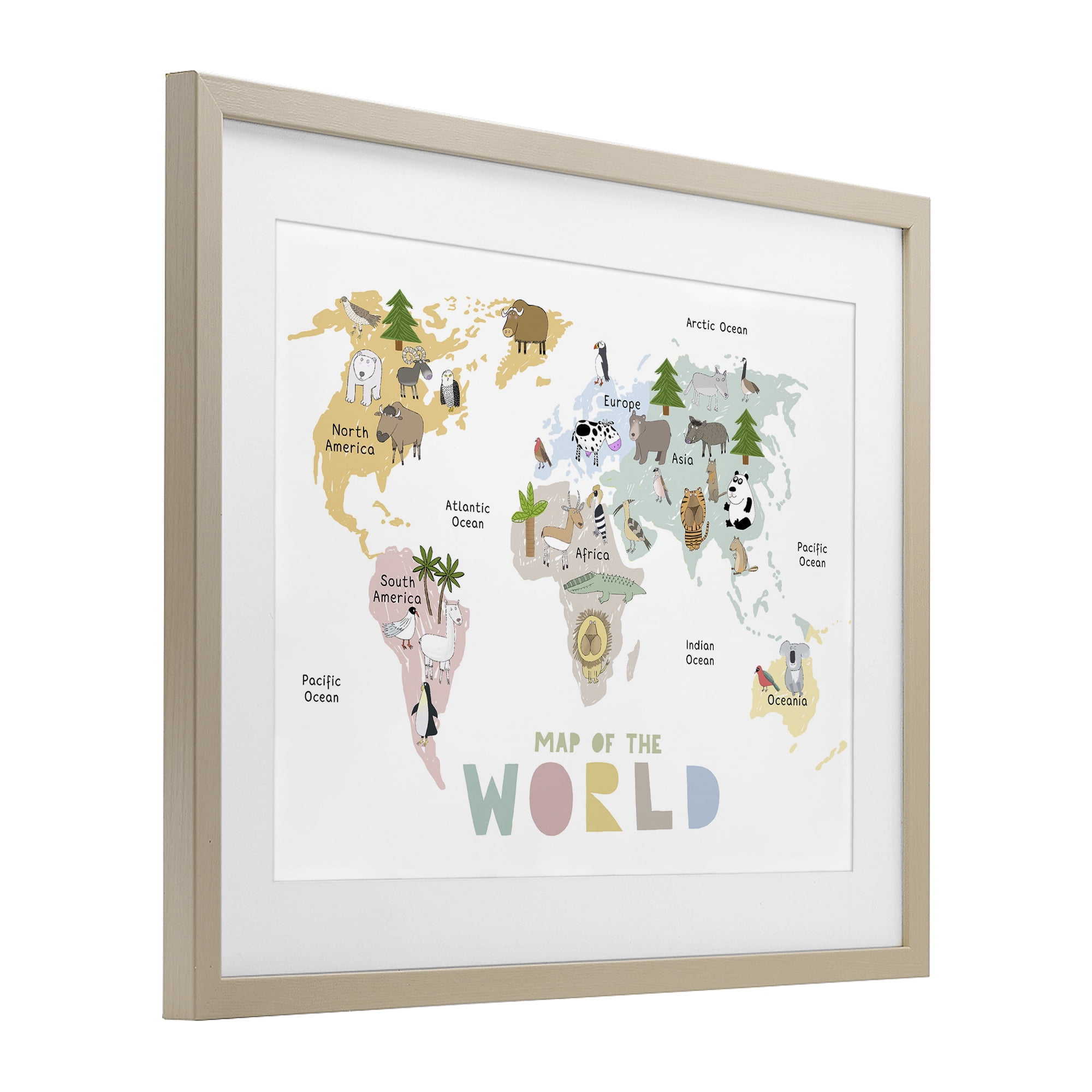 Map Of World Pastel Animals Birch Framed Print Under Glass, design by Carla Daly