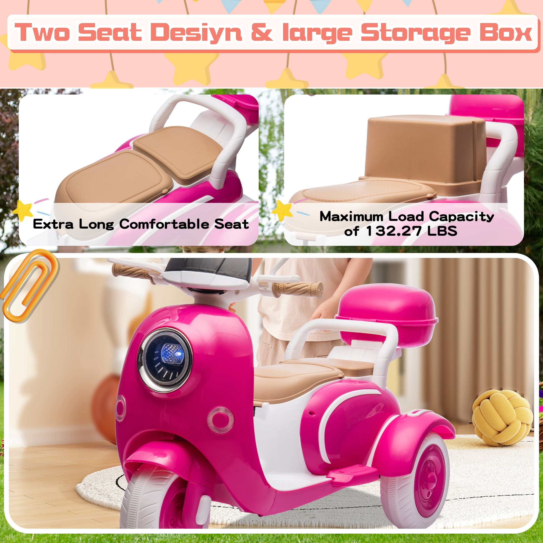 Dvsripa 12V Electric Kids Motorcycle,2 Seater Ride on 3 Wheel Scooter,Multi-function player,USB,Bluetooth,light,Backseat flip adult seat,Oversized Storage Box for kids Aged 3-6,Rose Red