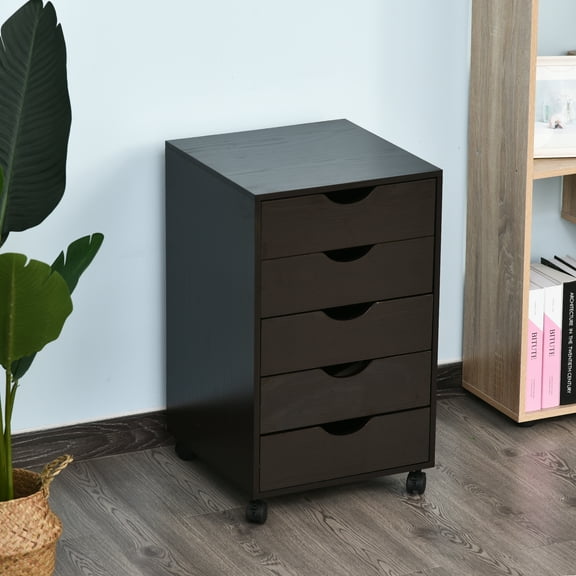 HOMCOM 5 Drawer Home Office Storage Cabinet, Mobile Printer Stand with Nordic Minimalist Modern Style & Wheels, Brown