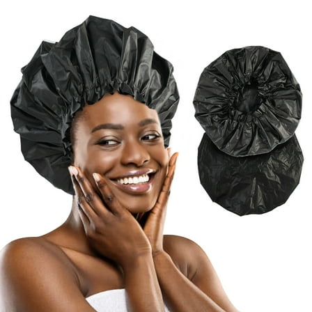 Extra Large Shower Cap, 2Pcs Jumbo Plastic Shower Caps for Women & Men Waterproof Reusable for Bath, MoHern XL Shower Cap for Dreadlocks, Braids, Long Hair (Black)