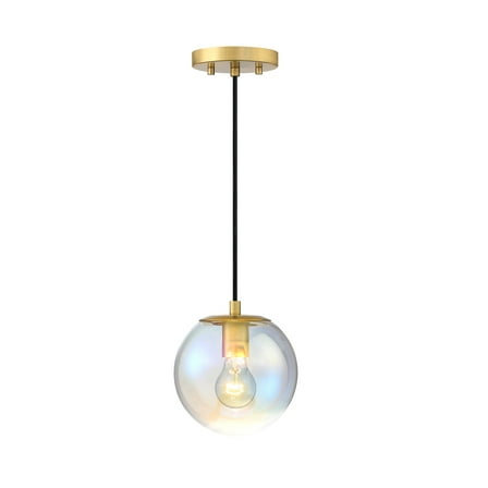 Neva 60 Watt 1-Light Brushed Gold Globe Pendant Light with Clear Iridescent Glass Shade