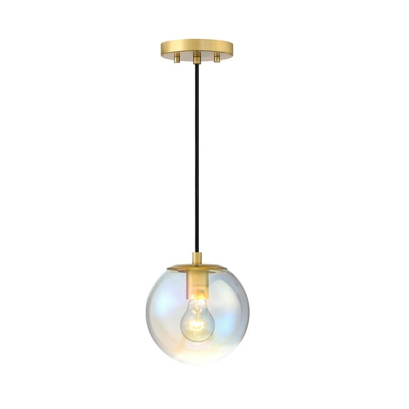 Neva 60 Watt 1-Light Brushed Gold Globe Pendant Light with Clear Iridescent Glass Shade
