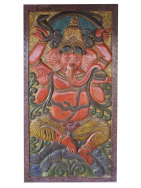 Mogul Vintage Barn Door Hand Carved Sarp(snake) Ganapati Wall Panel Zen Meditation Décor
