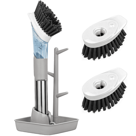SUGARDAY Soap Dispensing Dish Brush Set Kitchen Scrub Brush with Stand 3 Brush Replacement Heads