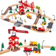 thumbnail image 1 of Juego de trenes de madera OMyBaby, 86 unidades, con grúa, para niños de 3 a 5 años, 1 of 7