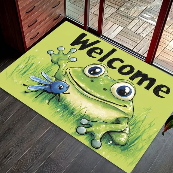Watercolor Welcome Green Frog Printed Floor Mat, Indoor Outdoor Entrance Porch Festive Party Decor, Thanksgiving Christmas Gift