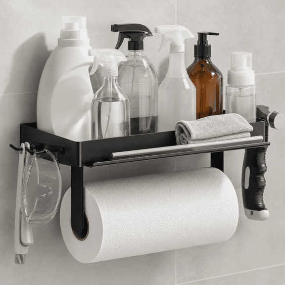 Garage Paper Towel Holder with Shelf,Paper Towel Holder Wall Mount with Shelf and 4 Extended Hooks,Wall Mount Paper Towel Holder for Kitchen, Garage Organization and Storage