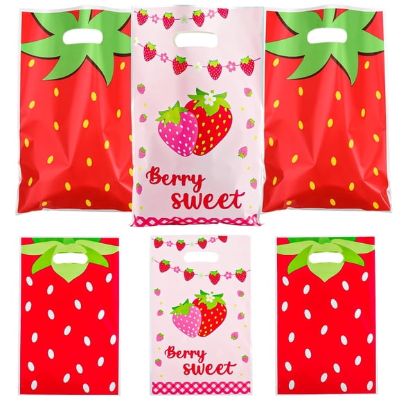 30Pcs Plastic Strawberry Party Favor Bags, 9.8 x 6.3inch Practical Goodie Bags Favors with Candy Snack Goodie Storage, Party Gift Bag for Birthday, Wedding, Baby Shower, Strawberry Theme Parties