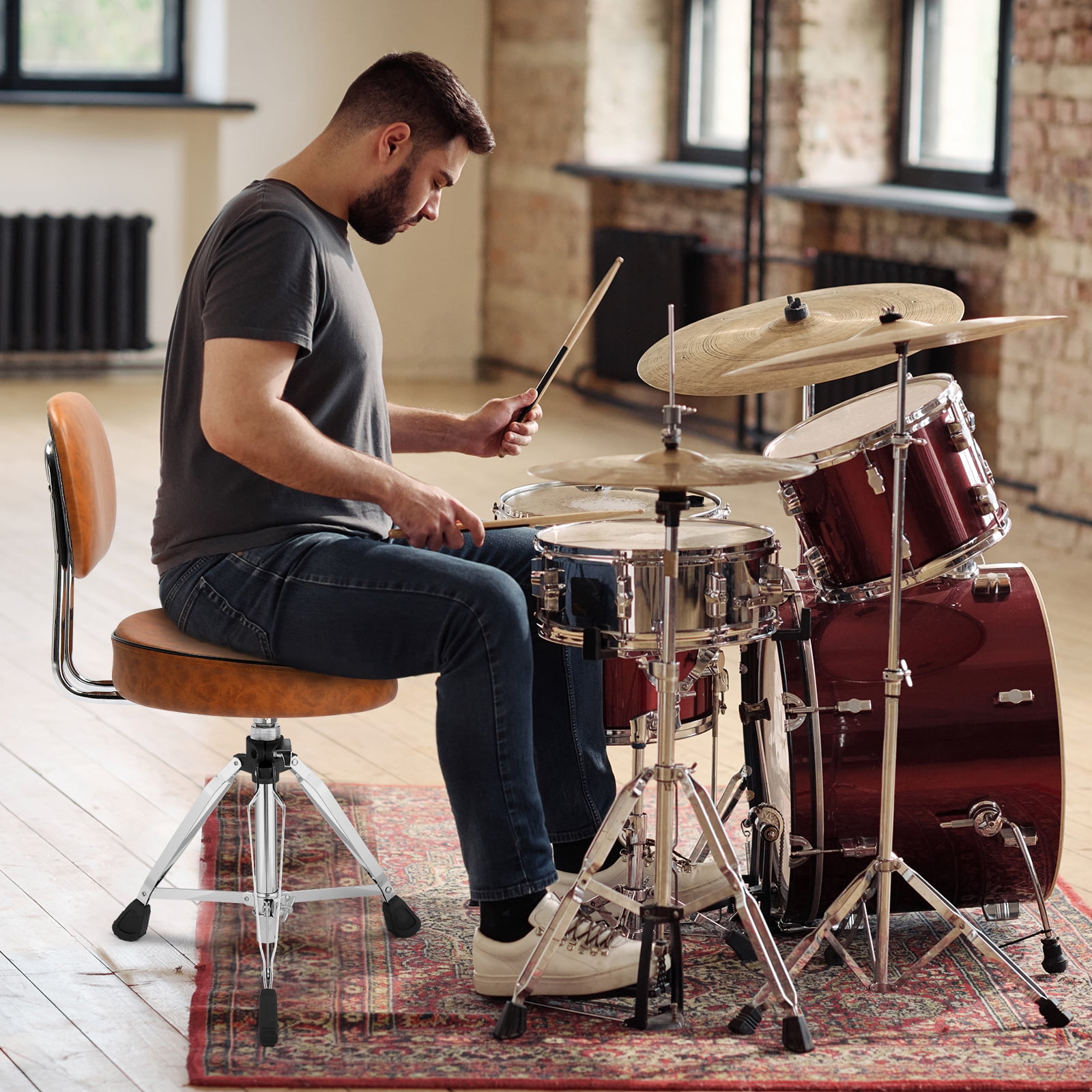 Ktaxon Adjustable Drum Throne Stool with Backrest, 360° Rotating, Heart-Shaped Cushion, Brown