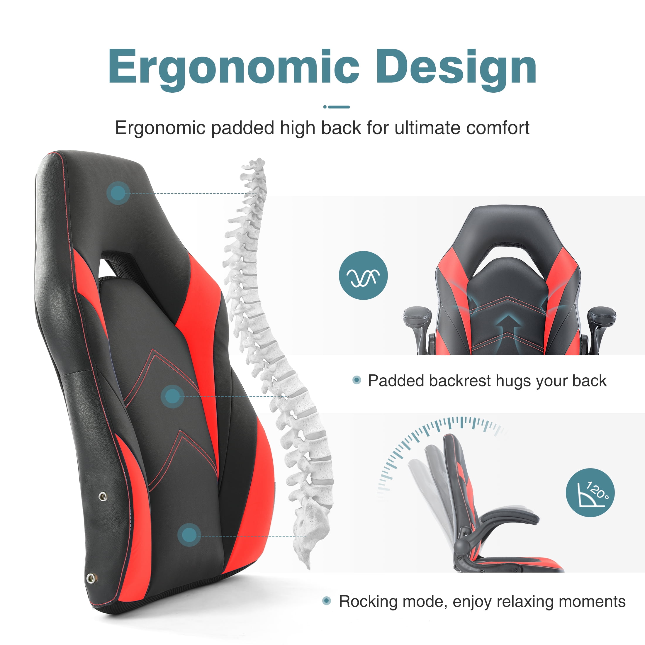 CONCETTA Gaming Chair, PU Leather, Ergonomic with Flip-up Armrests, Lumbar Support, Red