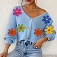 thumbnail image 4 of Weiqiqre Women Sweaters Button Down Lantern Sleeve V Neck Knitted Cropped Flower Cardigan Sweater, 4 of 7