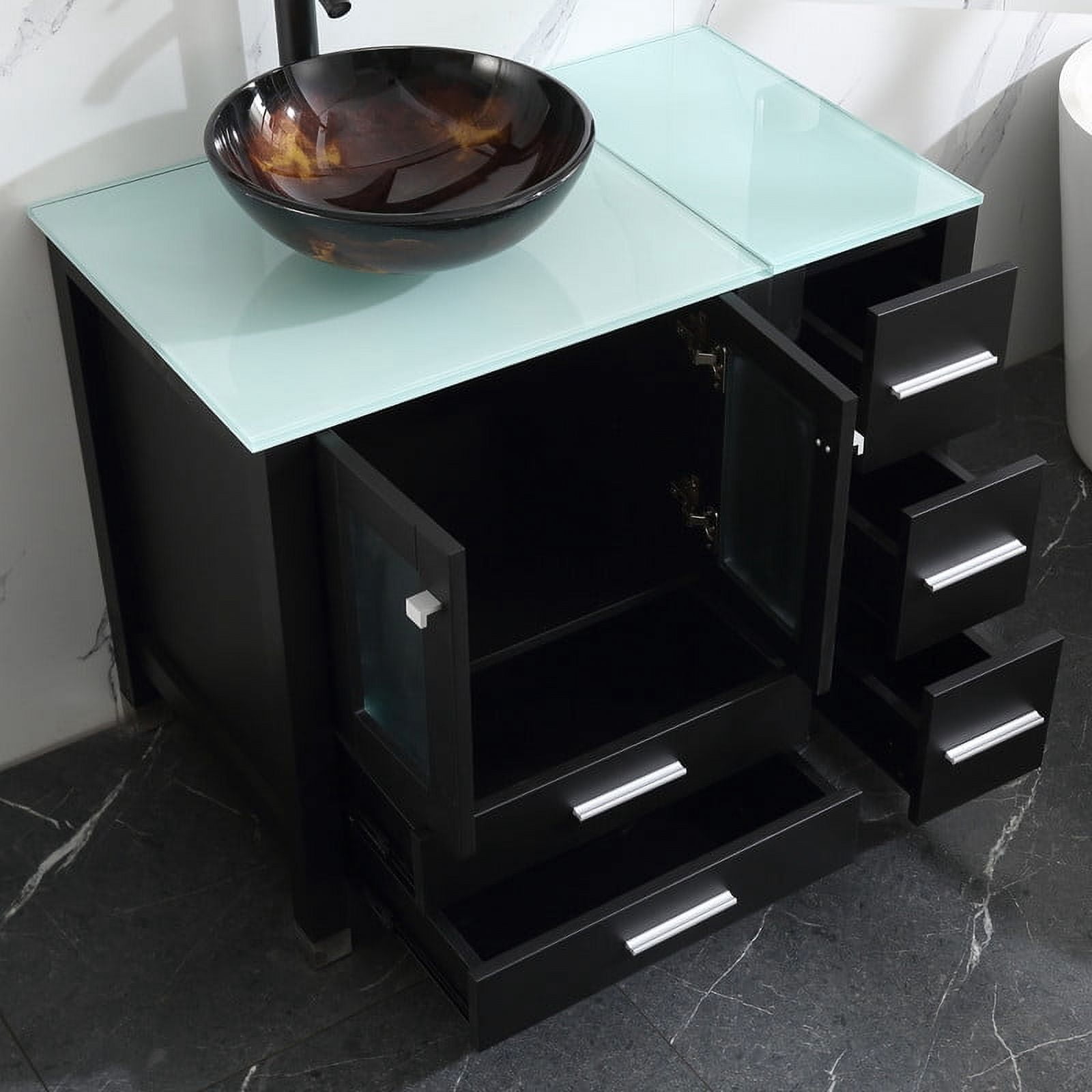 Walsport 36" Luxurious Wood Bathroom Vanity Cabinet Round Tempered Glass Vessel Sink Bowl ORB Faucet Drain Combo Design with Mirror Modern Vanities Set,Black
