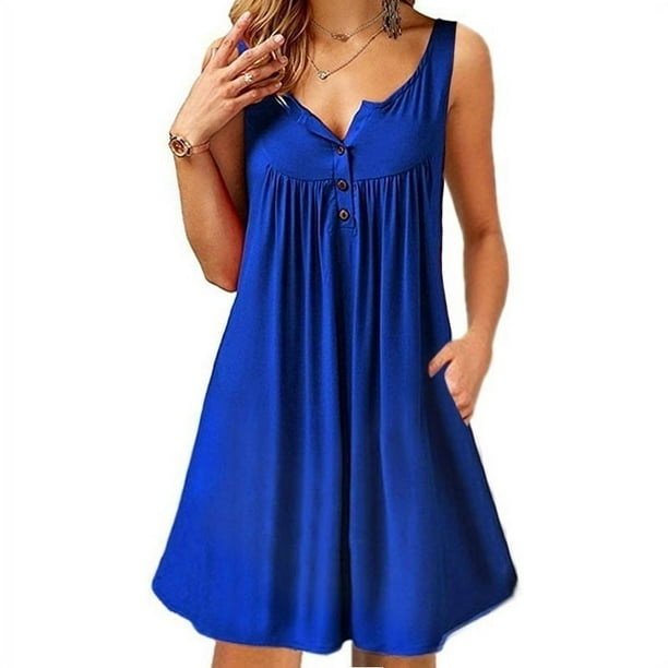 Womens Summer Casual Beach Wear Sleeveless Dresses Off Shoulder Loose V Neck Tank Tops Dress