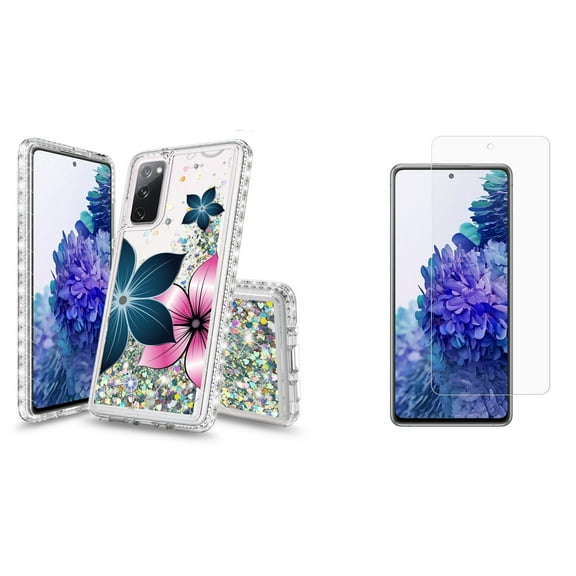 Bemz Liquid Quicksand Case for Samsung Galaxy S20 FE (with 2 Pack of Tempered Glass Screen Protectors and Touch Tool) - Midnight Flowers