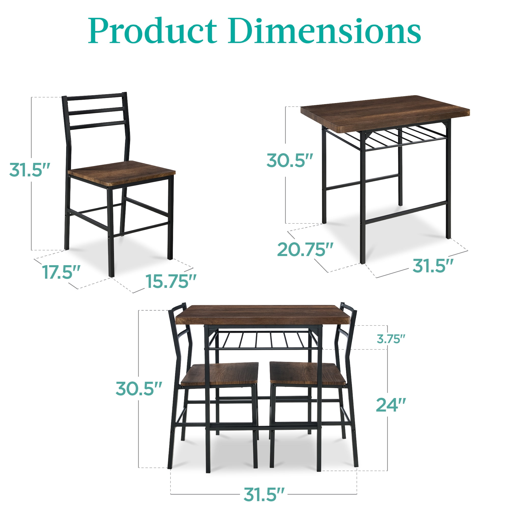 Best Choice Products 3-Piece Modern Dining Set, Square Table & Chairs Set w/ Steel Frame, Storage Rack - Dark Brown/Black