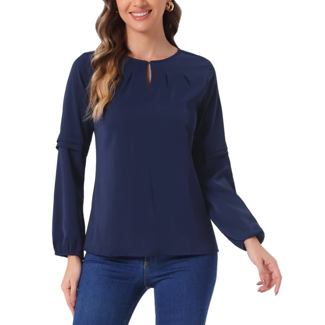 CAMISAS DE TRABAJO CHIC PARA MUJER INSPIRADAS, CAMISA DE CHIFFON DE MANGA LARGA CON ESCOTE EN FORMA DE LLAVE, BLUSA ELEGANTE S AZUL OSCURO