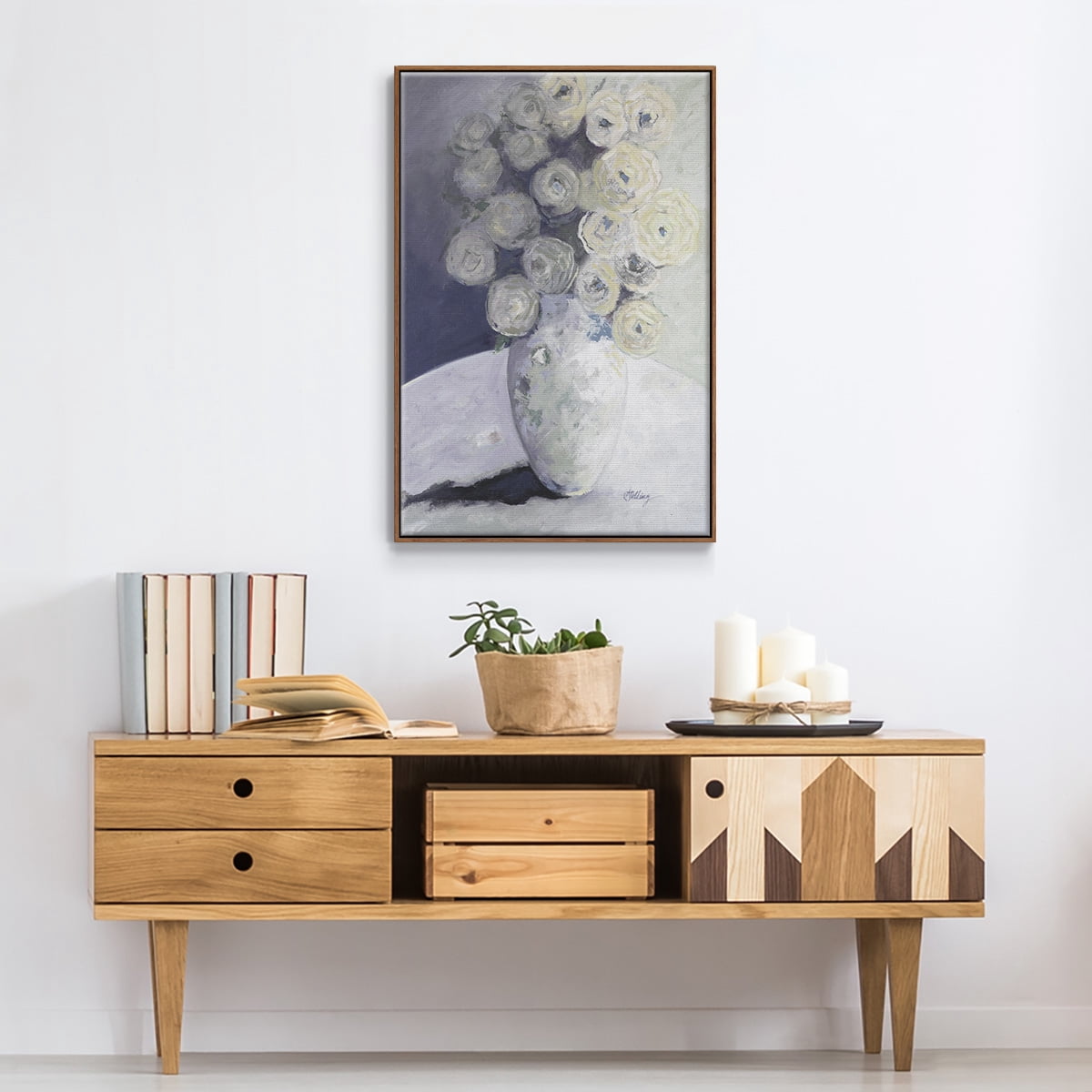 Green Vase with Yellow Flowers Framed Premium Gallery Wrapped Canvas - Ready to Hang - 17 x 25 - Walnut Floating Frame
