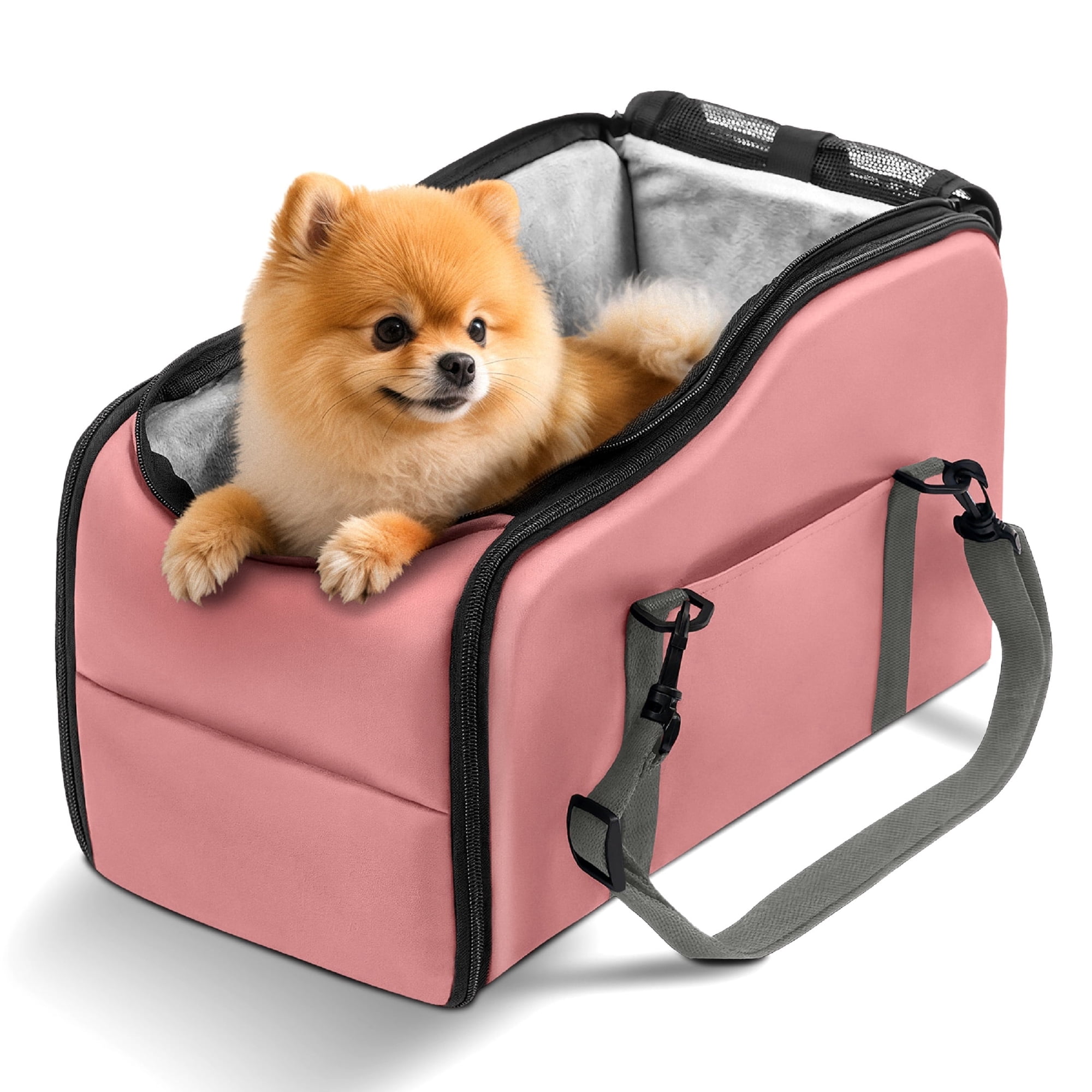 Pet Booster Seat For Cars, Dog Car Carrier With Safety Harness, Portable Travel Vehicle Pet Bed for Small Dogs, Cats Easy-Clean & Sturdy Construction, Pink