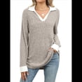 thumbnail image 2 of Suéteres de Cuello en V para Mujer, Jersey con Bloques de Color, Mangas Largas, Corte Holgado, Estilo Informal, Tipo Túnica, Camisetas. Caqui XL, 2 of 10