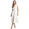 thumbnail image 3 of Womens Summer Casual Dress V Neck Cap Sleeve Zipper Front Flowy Midi Dress with Pockets White L, 3 of 8