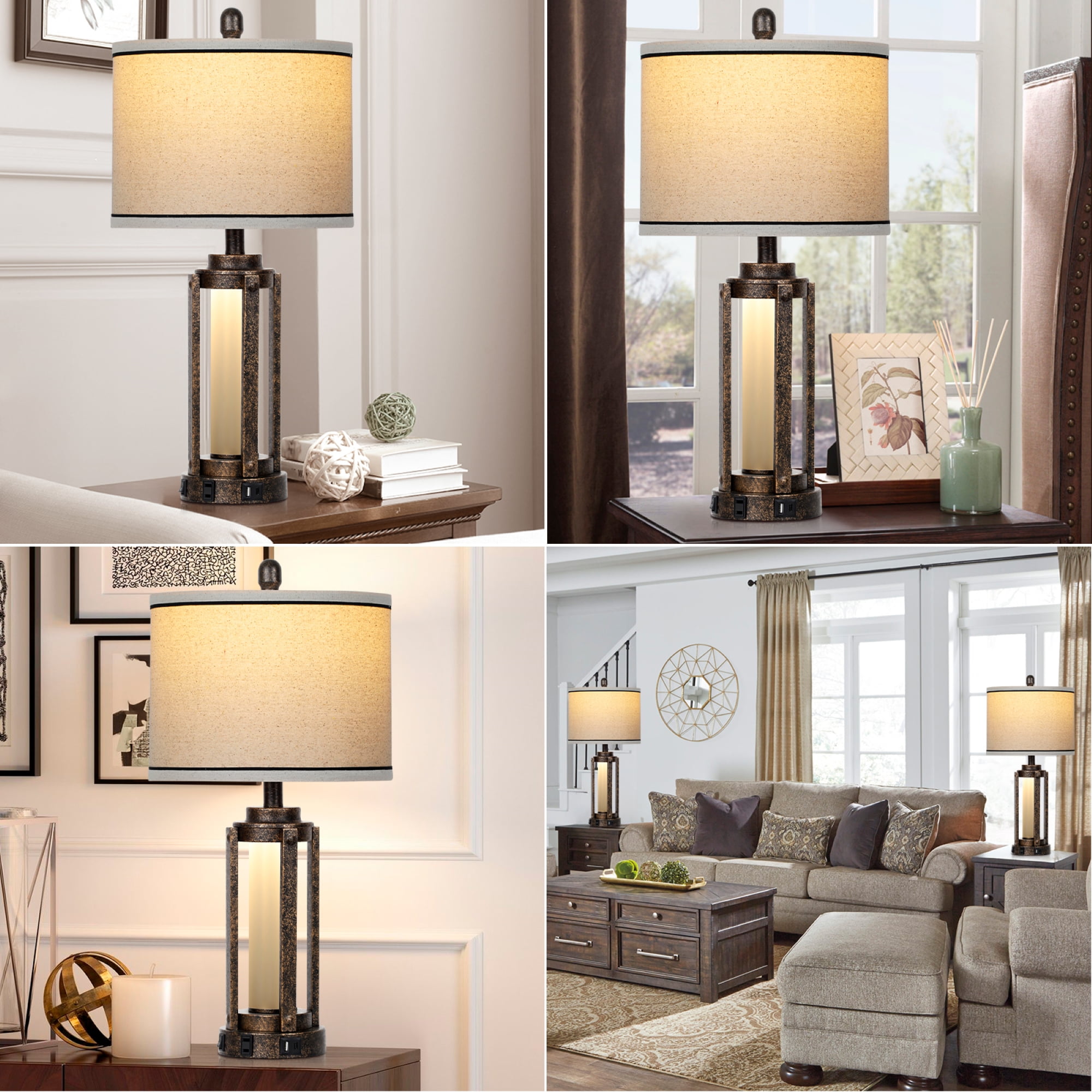 Cinkeda Modern Gold Table Lamp Set of 2 for Living Room Bedroom 25" Bedside Nightstand Lamps with USB A+C Port AC Outlet Nightlight