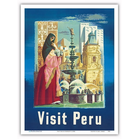 Visit Lima Peru - South America - Vintage Travel Poster by Springett c.1930s - Master Art Print (Unframed) 9in x 12in