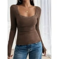 thumbnail image 6 of Womens Long Sleeve Shirts Square Neck Ribbed Knit Crop Tops Fall Outfits Fashion Clothes Brown L, 6 of 9