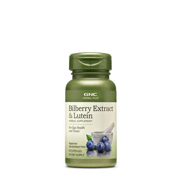 GNC Herbal Plus Bilberry Extract and Lutein Supplement, Vegetarian, Supports Eye and Vision Health, 60 Capsules, 60 Servings