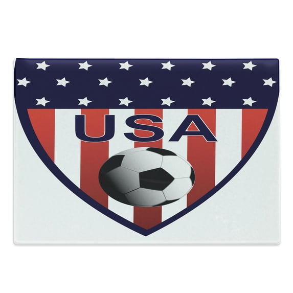 USA Cutting Board, National Team Themed Soccer Emblem Design Stars and Vertical Stripes, Decorative Tempered Glass Cutting and Serving Board, Large Size, Vermilion Blue and White, by Ambesonne