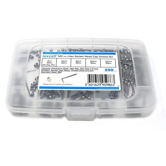 iexcell 250 piezas M2 x 4/6/8/10/12 Kit surtido de tornillos de cabeza hueca hexagonal de acero inoxidable 304