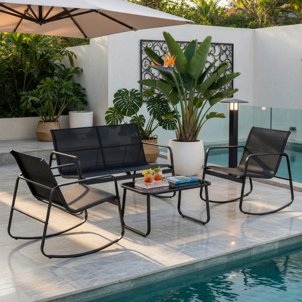Hommoo 4-Piece Metal Patio Rocking Set with Tempered Glass Coffee Table, Outdoor Rocking Chairs & Loveseat for Backyard, Poolside & Balcony, Black