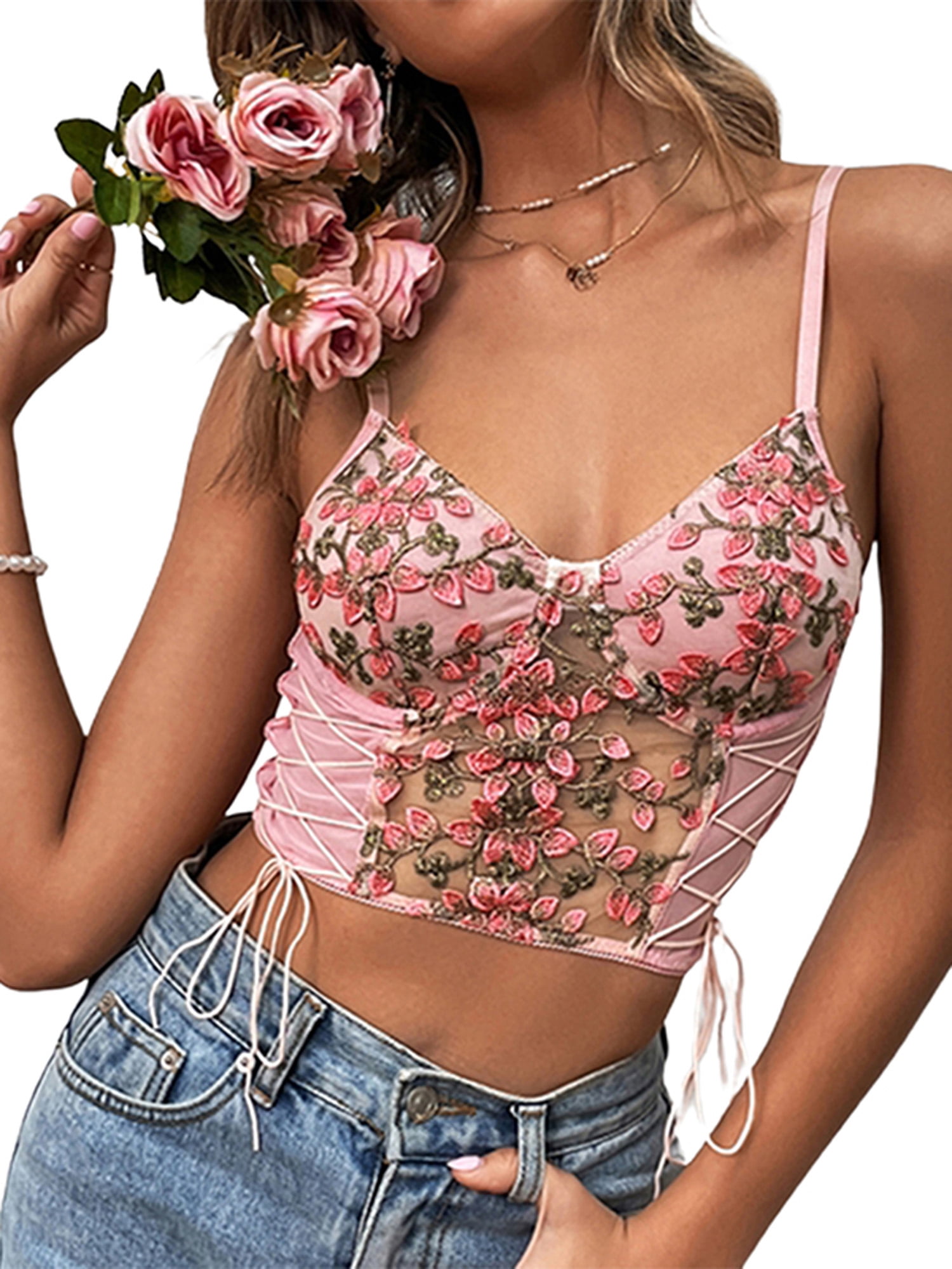 Gwiyeopda Women Flower Embroidery Crop Tops Strap Tank Top Slim Sleeveless Through Camisole Shirt - Walmart.com