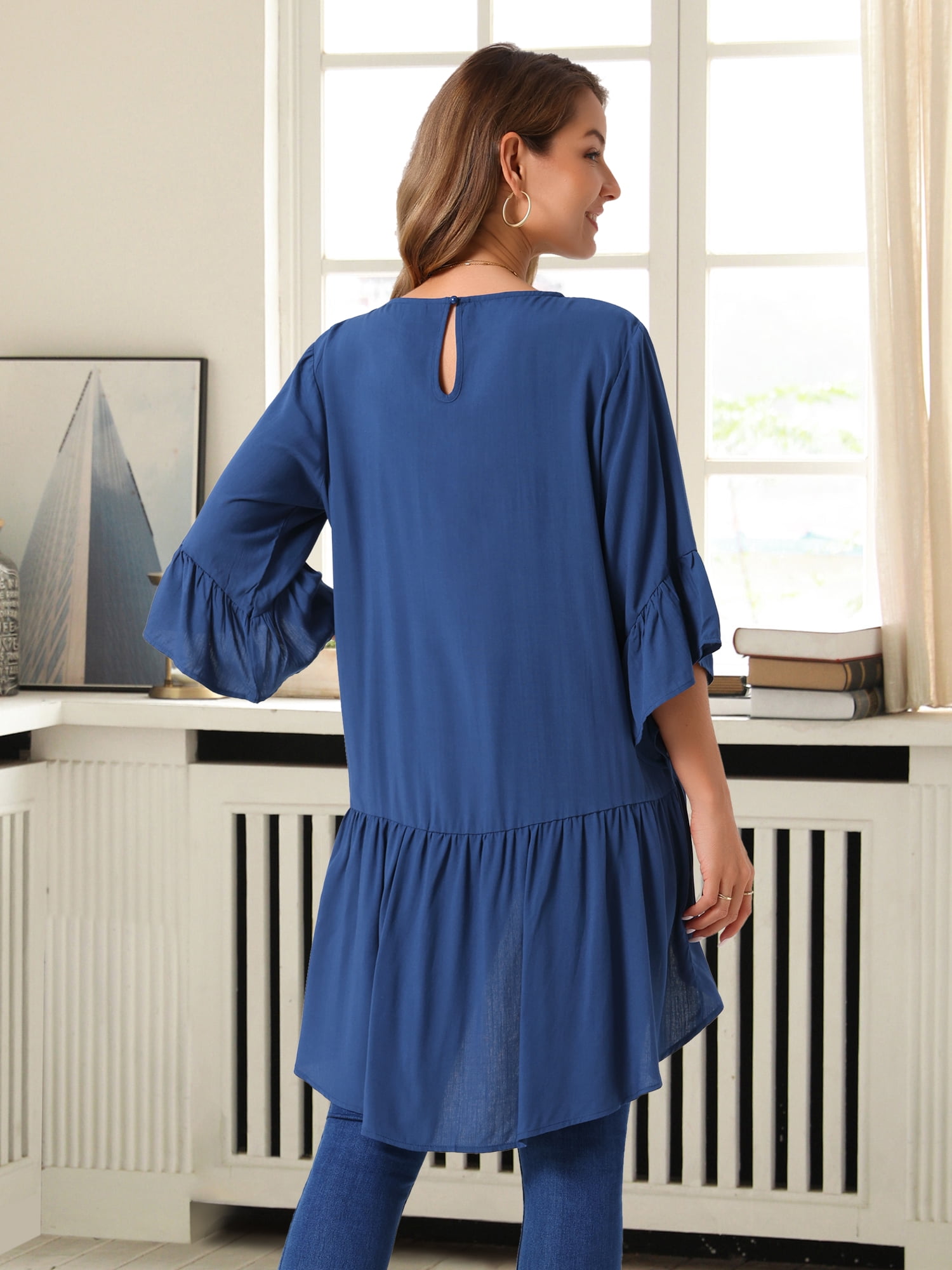 DARING DIVA Women's High Low Tops Bell Sleeve Crewneck Ruffle Blouse S Dark Blue