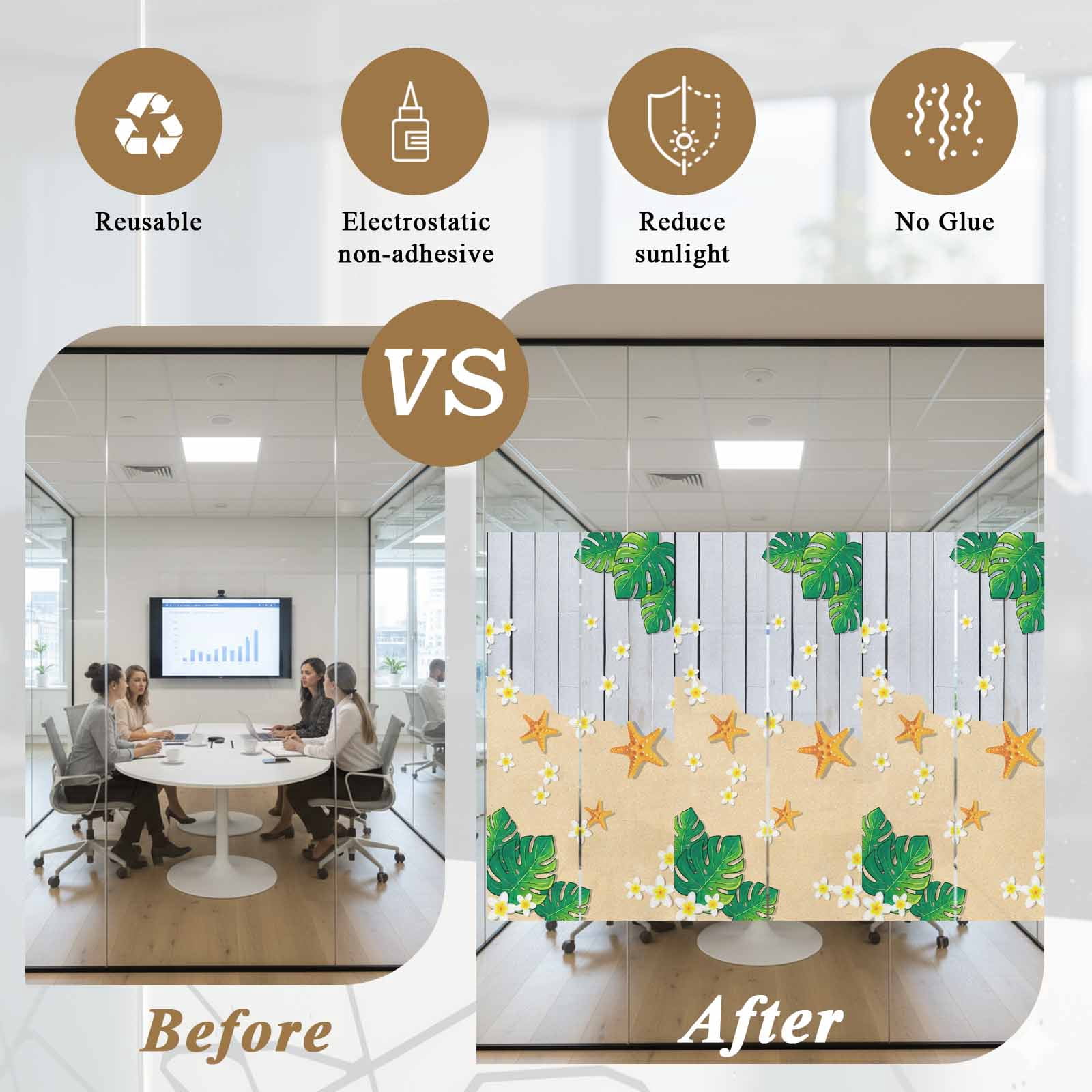 Tropical Summer Beach Window Privacy Film, Starfish Floral Monstera Gray Wood Frosted Glass Window Clings Static Cling UV Heat Blocking Reusable Door Sticker for Bathroom 23.6 x 59 Inch